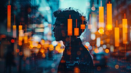 Fototapeta premium Silhouette of a businessman overlaid with dynamic financial charts and market trends in a double exposure style