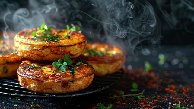 Creative display of floating quiches in a dark, smoky background with copy text space