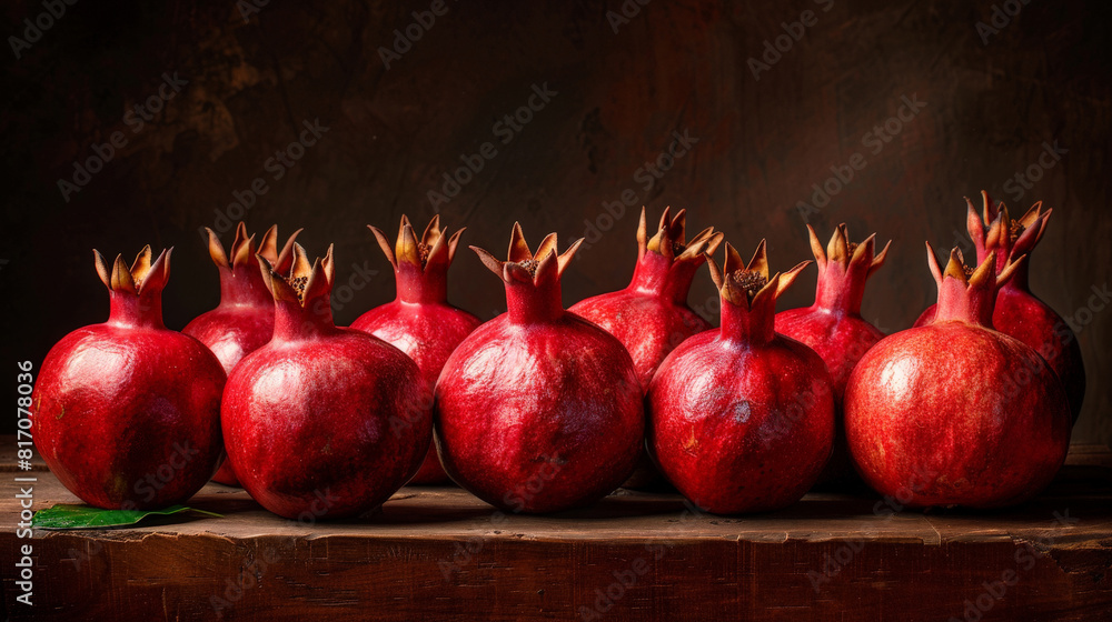 Poster a group of ripe pomegranates placed neatly on a rustic wooden table. the deep red fruit contrasts wi