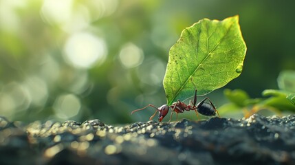 Close-up of an ant carrying a leaf, emphasizing the insect's strength relative to its size.