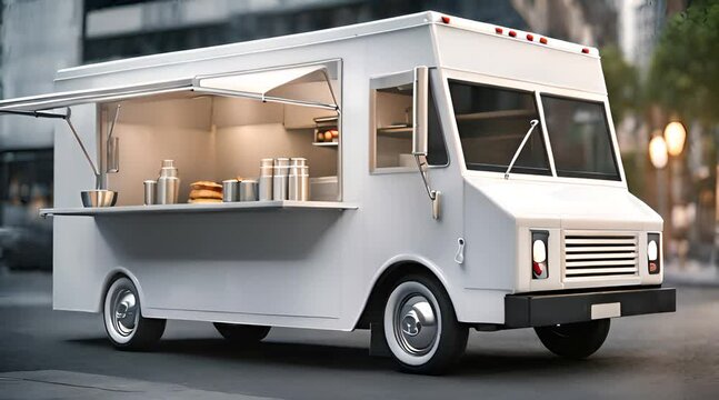 White food truck with detailed interior., Takeaway food and drinks