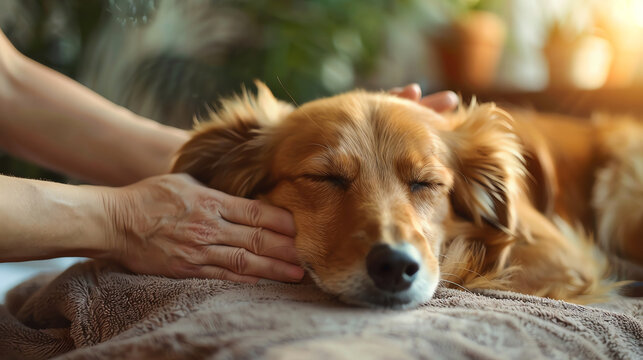 A groomer giving a therapeutic massage to a relaxed dog Concept Wellness treatments for pets at the spa close up, pet wellness theme, ethereal