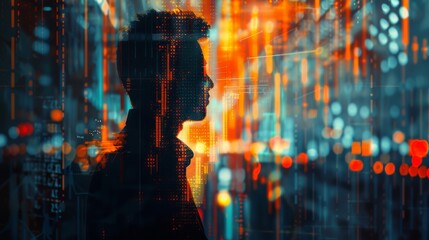 Fototapeta premium Silhouette of a businessman merged with intricate stock market lines and data points in a double exposure style
