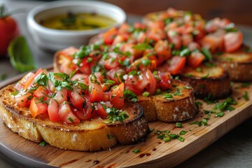 Bruschetta: Toasted bread topped with diced tomatoes, fresh basil, garlic, and a drizzle of olive oil. The colors should be vibrant and fresh.