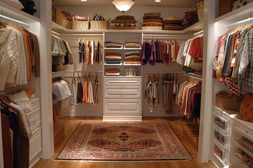 A well-organized walk-in closet filled with various clothes and a rug on the floor