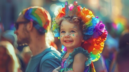 A young child on their parents shoulders at the Pride parade, both wearing rainbow tiaras, digital oil painting, warm emotional tones