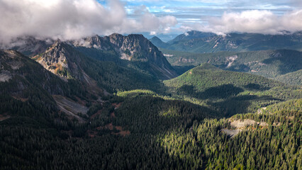 Drone view of lake and mountains in Washington