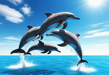 3D Beautiful dolphins swimming. Dolphin jumping above blue water
