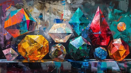 Fototapeta premium An abstract art gallery displaying sculptures of the five Platonic solids, surrealistic style, vivid colors