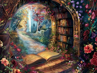 Enchanted Fairytale Bookshelf Portal to a Mystical Garden Landscape