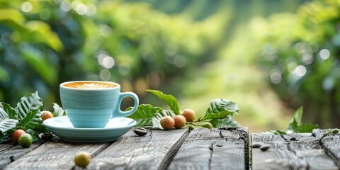 Organic coffee cup on wooden table with plantations in background. Concept Coffee photography, Wooden table setting, Plantation backdrop, Organic lifestyle, Natural elements