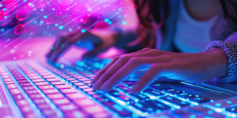  The Digital Nomad's Journey: Finger Dance on Illuminated Keyboard Navigates Cyber Highways Seamlessly