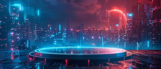Cyberpunk blank podium in a tech expo setting focus on surreal composite with futuristic cityscape backdrop