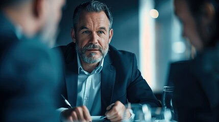 A middle-aged businessman discussing strategy with his team in a sleek conference room, his demeanor exuding confidence and leadership