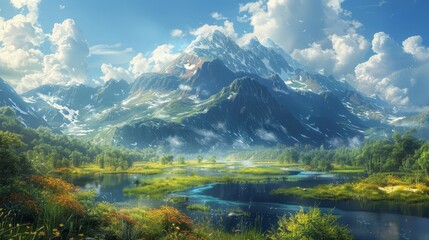 Fototapeta premium landscape where rivers and mountains naturally form the shapes of Platonic solids, environment