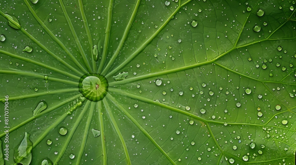 Fototapete close-up of dewdrops forming a pattern on the surface of a lotus leaf, symbolizing purity and tranqu