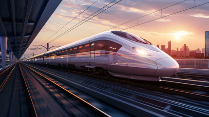 Fototapeta premium The high-speed train of the future moves along the tracks. Advanced technology of modern transportation systems
