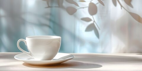 White cup and saucer on beige table with blue backdrop and shadow. Concept Still Life Photography, Table Setting, Color Contrast, Coffee Break, Morning Light