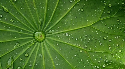 Close-up of dewdrops forming a pattern on the surface of a lotus leaf, symbolizing purity and tranquility.