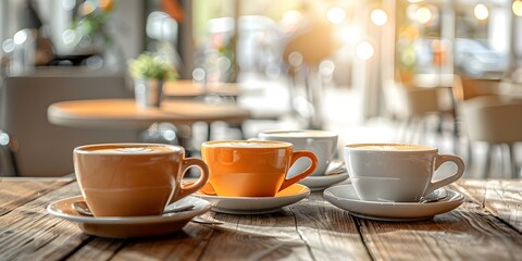 Closeup of various coffee cups on a wooden table in a modern cafe. Concept Coffee Cups, Wooden Table, Modern Cafe, Closeup Shot, Beverage Photography