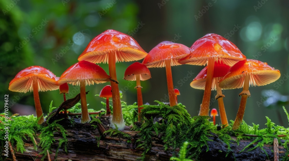 Poster close-up of red-capped mushrooms on a log, standing out against the green moss and forest floor.