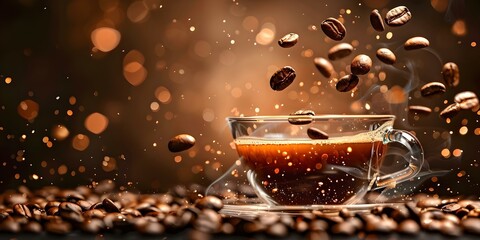 Coffee beans dropping into a cup of coffee against a dark backdrop. Concept Coffee, Beans, Cup, Dark Backdrop, Dropping