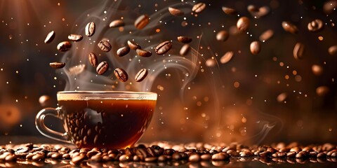 Coffee beans being dropped into a cup of coffee against a dark backdrop. Concept Coffee Photography, Dark Background, Freshly Brewed, Close-up Shots, Aromatic Experience