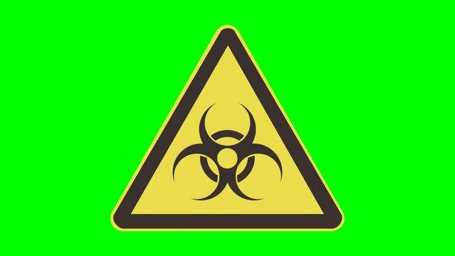 Appearance of a yellow and black triangular bacteriological danger sign on a green background, transparent background and alpha channel in a flat design style