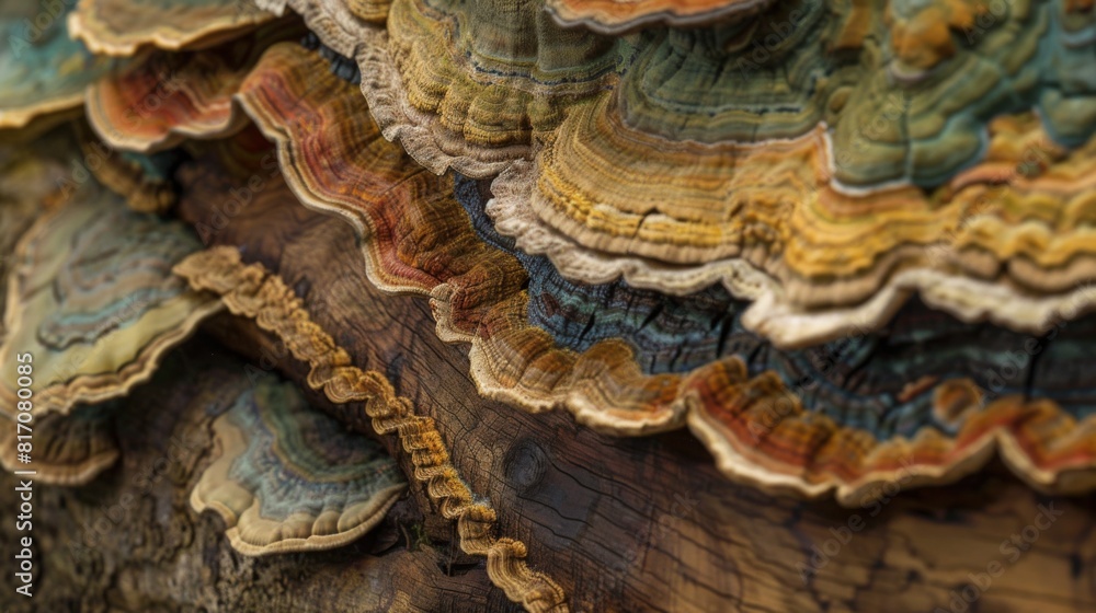 Poster close-up of shelf fungi growing horizontally along a log, with intricate textures and patterns.