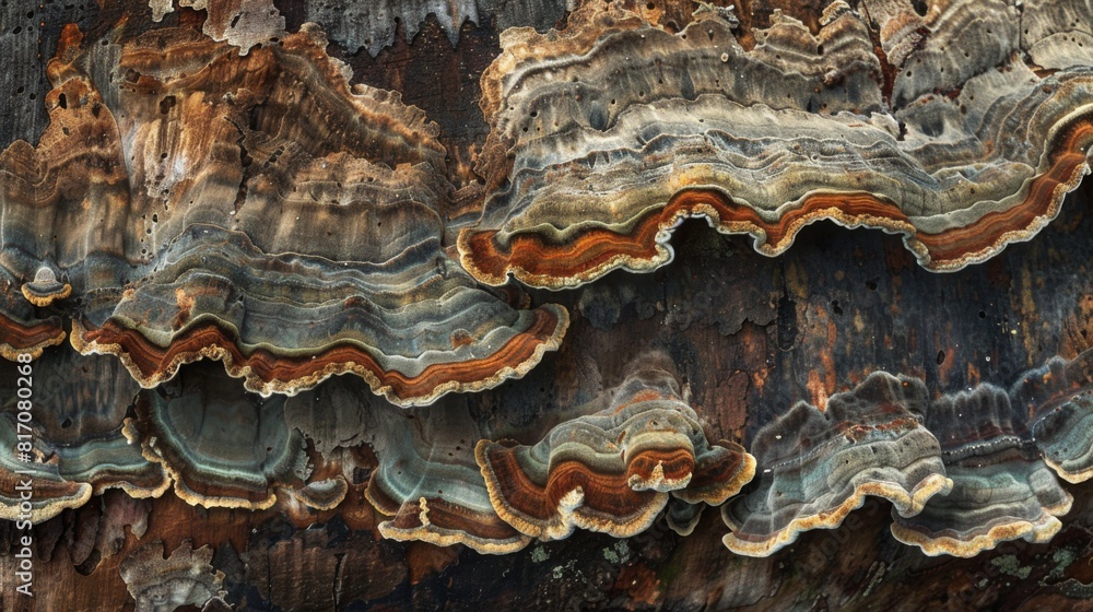 Poster close-up of shelf fungi growing horizontally along a log, with intricate textures and patterns.