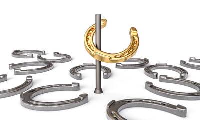 Golden horseshoe on display among iron ones