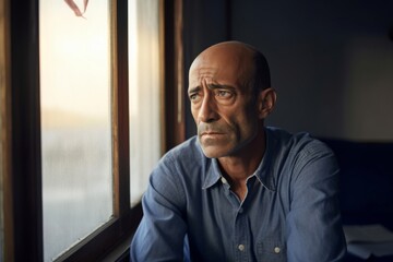 mature man sitting at window, looking worried