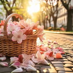 flowers spill out of a rustic woven basket, their petals fresh and fragrant, pink roses in a basket