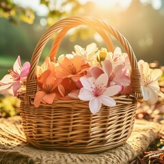 flowers spill out of a rustic woven basket, their petals fresh and fragrant, bouquet of flowers in basket