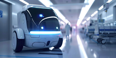 A futuristic med-bot, its sleek surfaces glistening in the sterile fluorescent light, carefully maneuvers through a crowded hospital corridor, delivering much-needed medical supplies to patients.