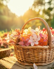 bouquet of flowers in basket, flowers spill out of a rustic woven basket, their petals fresh and fragrant,