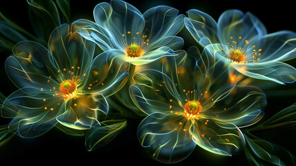 Obraz premium Шdesign of beautiful flowers with glowing edges and highlights, light blue, orange and white colors, dreamy and ethereal atmosphere, fantasy, detailed. 