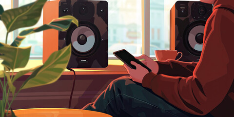 A Tech-Savvy Connoisseur Stays Informed and Entertained at a Hip Coffeehouse: Smartphone Synced Seamlessly for Enhanced Audio Experience.