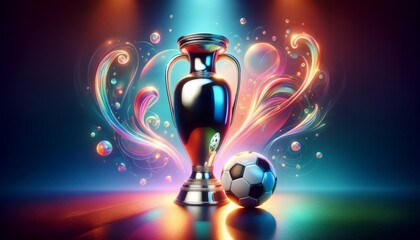Football champion cup and soccer ball. Sports competition event 