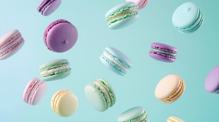 Colorful Macarons Floating Against a Blue Background - Perfect for Confectionery and Dessert-Themed Design Projects