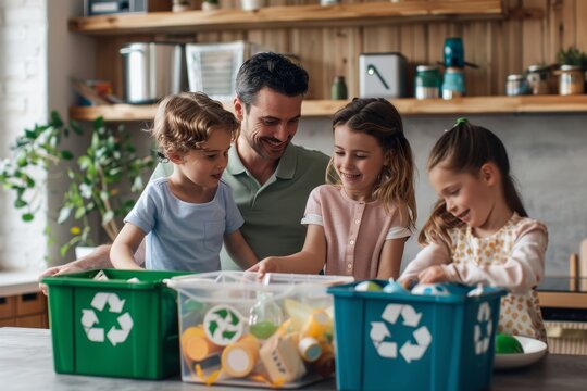 A man and three children are sitting at a table with two recycling bins. The man is smiling and the children are looking at him. Scene is happy and playful