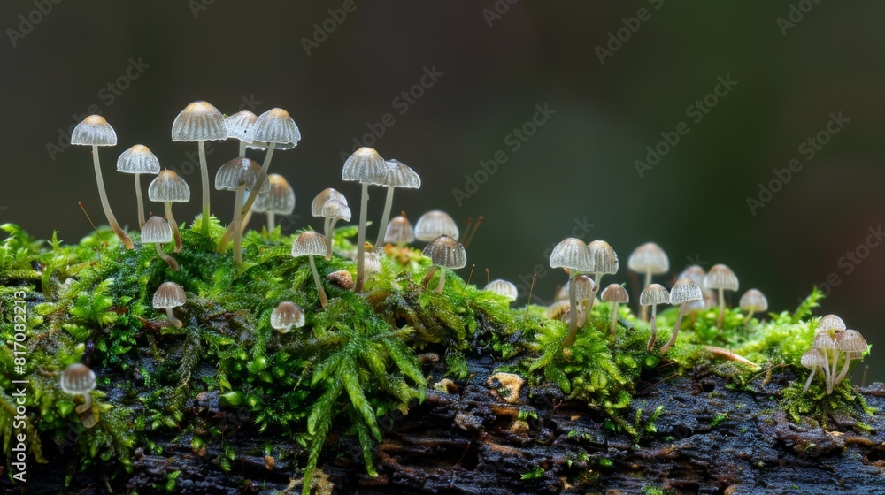 Poster detailed view of tiny mushrooms on a moss-covered log, showcasing the diversity of fungi in a natura