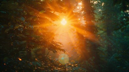 A vibrant sunrise peeking through a dense forest, golden ratio composition, sharp focus, 8k resolution