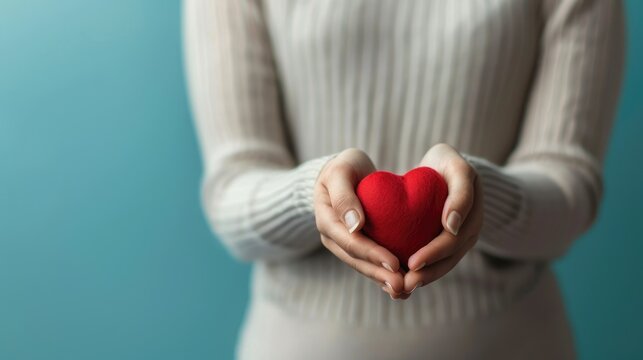 A woman s hands clasping a red heart symbolizing blood donation in honor of World Blood Donor Day with ample space for advertising purposes