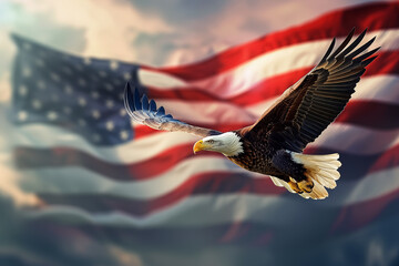American Bald Eagle flying on US flag background. National emblem of the United States. US veterans day, Memorial day, patriot holiday, July 4