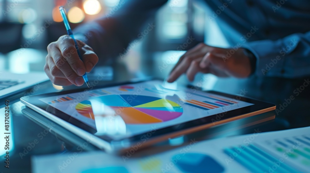 Poster digital pie chart displayed on a tablet, with a businessperson making notes in a bright office setti