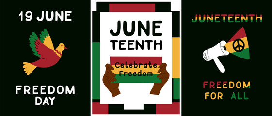 Set of Juneteenth poster with traditional symbols and African colors. Vector flat hand drawn illustrations with text Freedom Day and Juneteenth. Vertical placards, banner for social media