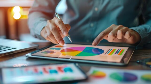 Digital pie chart displayed on a tablet, with a businessperson analyzing financial data in an office.