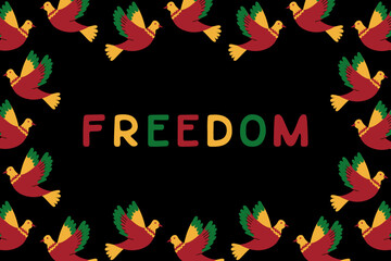 Flat Juneteenth horizontal banner and placard with text Freedom. Vector flat animalistic elements in traditional African colors for social media. Isolated text on black background