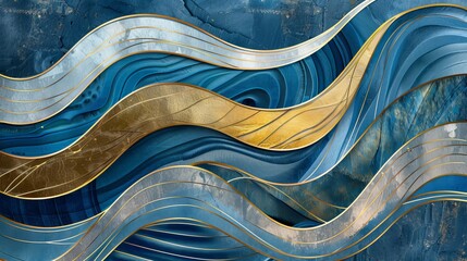 Abstract marble marbled stone ink liquid fluid oil acrylic painted painting texture luxury background banner illustration - Dark blue swirls waves curves gold painted splashes
